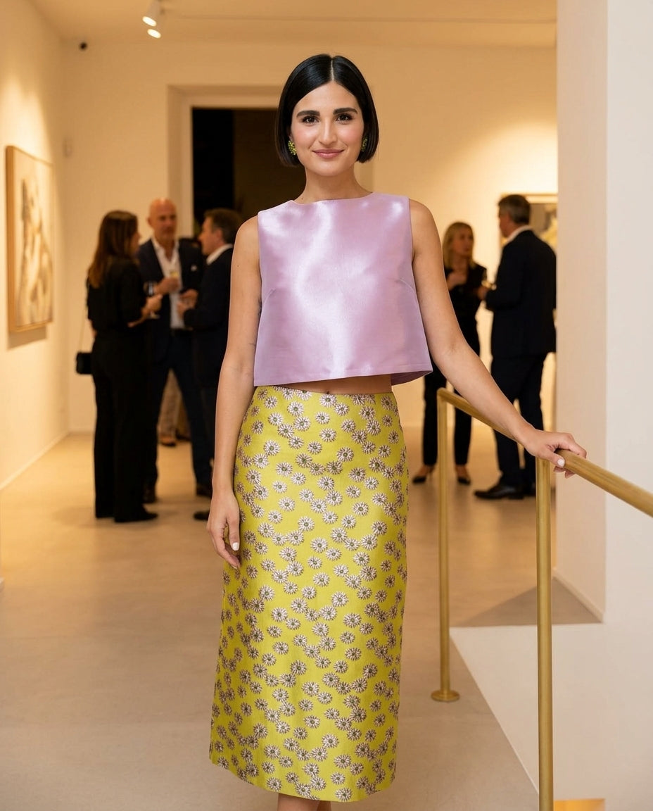 Pink Velvet Evening Floral Skirt Set Pink Skirt Set with Cropped silhouette and Satin texture, fabric and construction detail for City Dinner, an office-to-dinner transition, Fall city dinners, cafe plans, gallery evenings, and polished weekend styling, U by floravincie