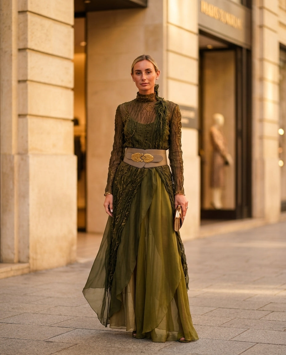 Olive Green Allure Evening Satin Maxi Dress Olive Green Maxi Dress with Asymmetric silhouette and Satin texture, fabric and construction detail for City Dinner, a gallery evening, Fall city dinners, cafe plans, gallery evenings, and polished weekend styli by floravincie