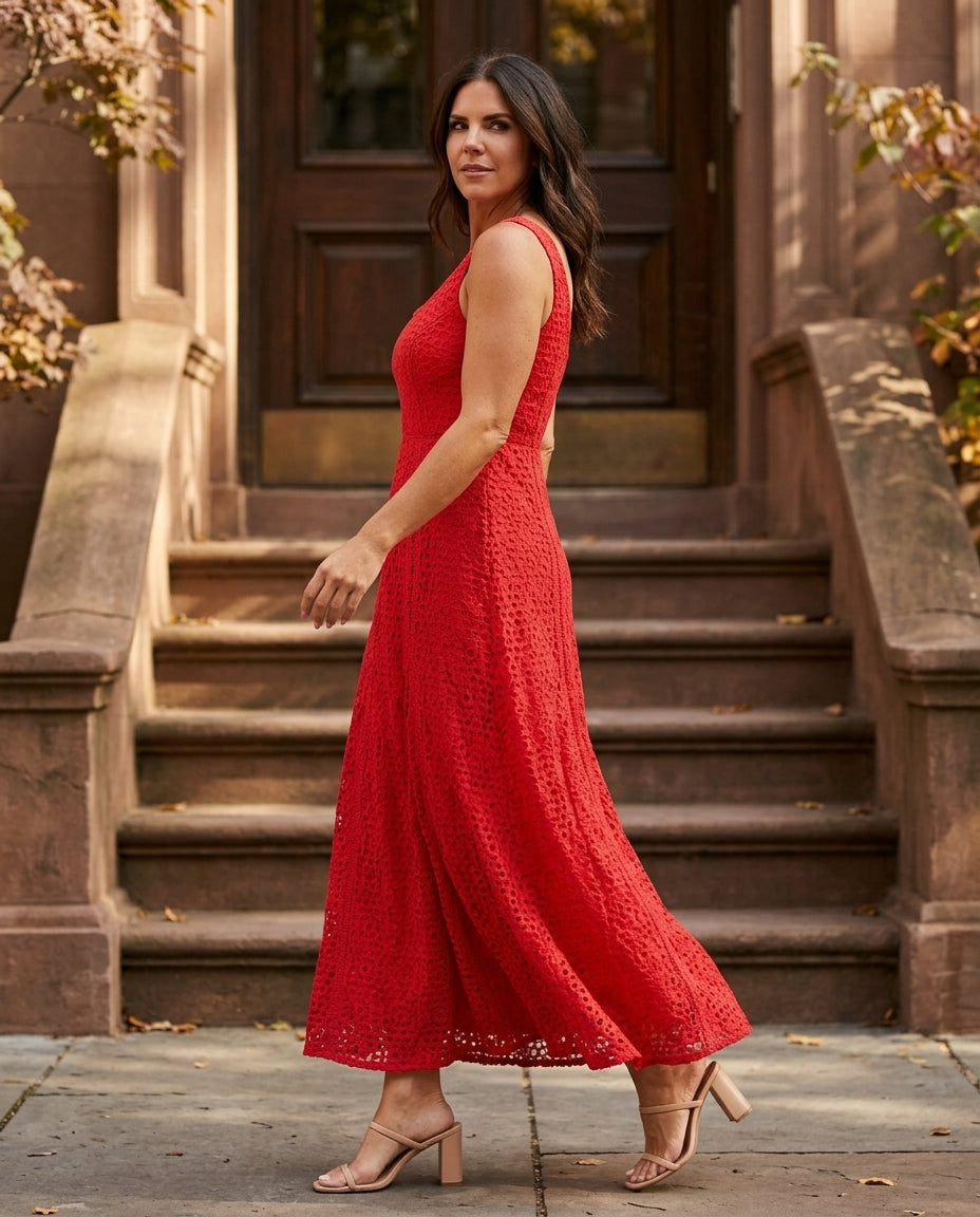 Red Glow Evening Lace Maxi Dress Red Maxi Dress with Relaxed Fit silhouette and Textured texture, fabric and construction detail for City Dinner, a fall city dinner, Fall city dinners, cafe plans, gallery evenings, and polished weekend styling, US Coastal by floravincie
