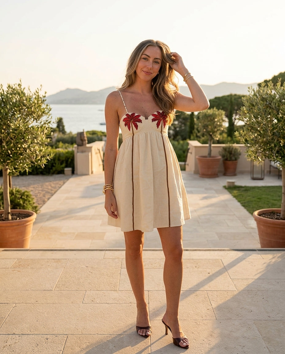 Ivory Lustre Wedding Guest Embroidered Mini Dress Ivory Mini Dress with Relaxed Fit silhouette and Linen Blend texture, fabric and construction detail for Wedding Guest, a gallery evening, Fall current summer selling first with a light late-summer/pre-fal by floravincie
