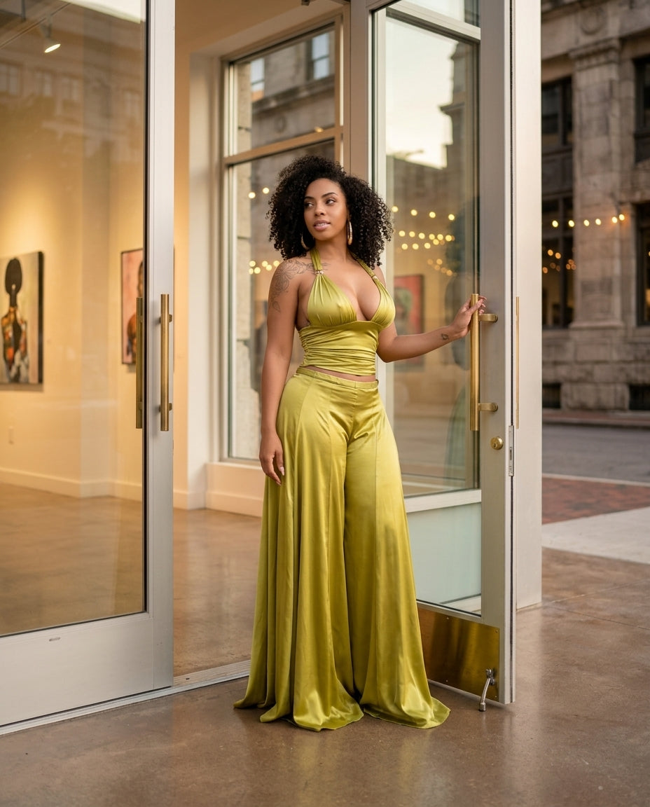 Olive Green Whisper Wedding Guest Satin Jumpsuit Olive Green Jumpsuit with Wide-Leg silhouette and Satin texture, fabric and construction detail for Wedding Guest, a gallery evening, Fall current summer selling first with a light late-summer/pre-fall acce by floravincie