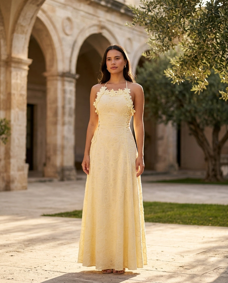 Light Yellow Velvet Wedding Guest Eyelet Maxi Dress Light Yellow Maxi Dress with Relaxed Fit silhouette and Textured texture, fabric and construction detail for Wedding Guest, a cafe plan, Fall current summer selling first with a light late-summer/pre-fal by floravincie