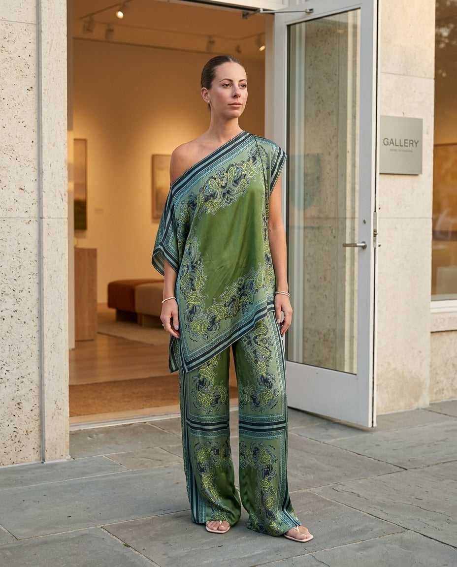 Sage Aura Wedding Guest Paisley Jumpsuit Sage Jumpsuit with Asymmetric silhouette and Satin texture, fabric and construction detail for Wedding Guest, a cafe plan, Fall current summer selling first with a light late-summer/pre-fall accent: make it wearabl by floravincie