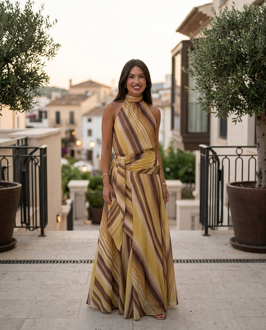 Butter Yellow Muse Wedding Guest Striped Maxi Dress Butter Yellow Maxi Dress with Relaxed Fit silhouette and Textured texture, fabric and construction detail for Wedding Guest, a gallery evening, Fall current summer selling first with a light late-summer/ by floravincie