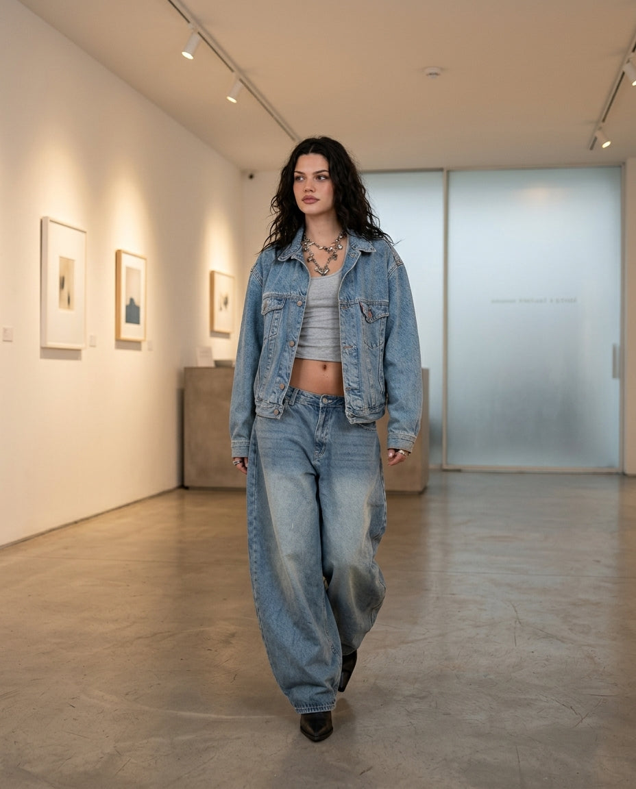 Denim Gleam Wedding Guest Jacket Denim Jacket with Wide-Leg silhouette and Textured texture, fabric and construction detail for Wedding Guest, a gallery evening, Fall current summer selling first with a light late-summer/pre-fall accent: make it wearable by floravincie