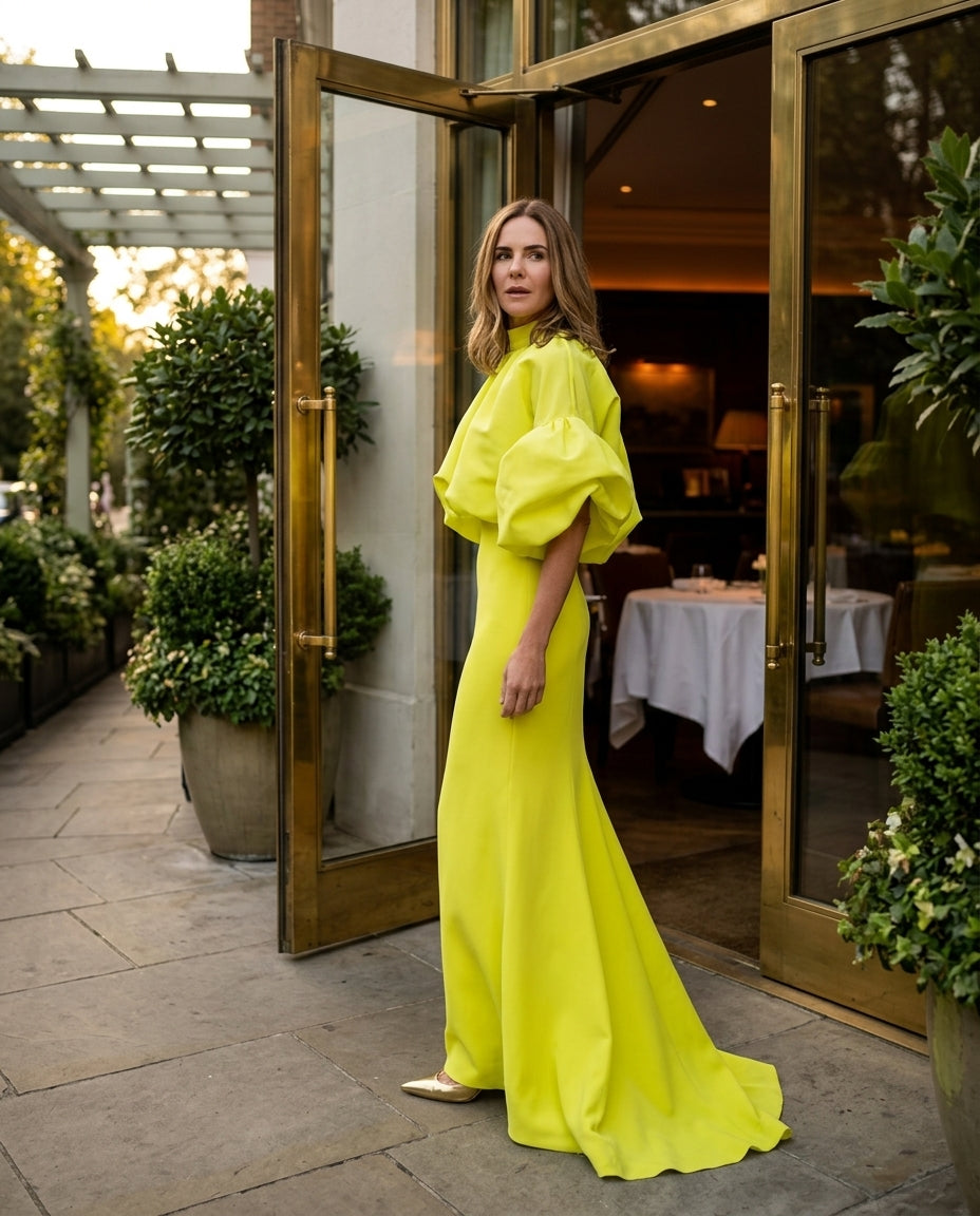 Neon Yellow Glow Wedding Guest Maxi Dress Neon Yellow Maxi Dress with Cropped silhouette and Textured texture, fabric and construction detail for Wedding Guest, a cafe plan, Fall current summer selling first with a light late-summer/pre-fall accent: make by floravincie