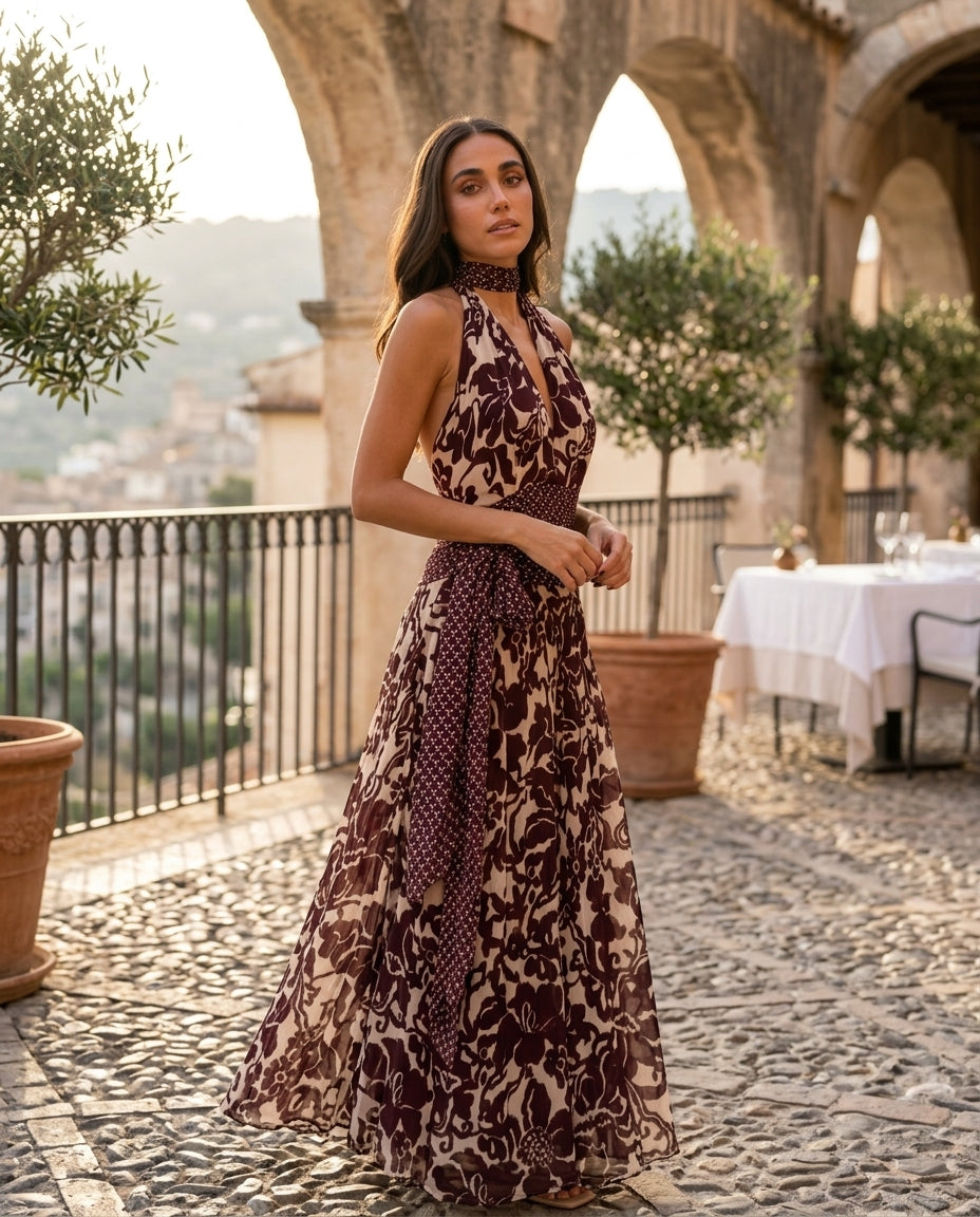 Burgundy Whisper Wedding Guest Floral Maxi Dress Burgundy Maxi Dress with Relaxed Fit silhouette and Textured texture, fabric and construction detail for Wedding Guest, an office-to-dinner transition, Fall current summer selling first with a light late-su by floravincie