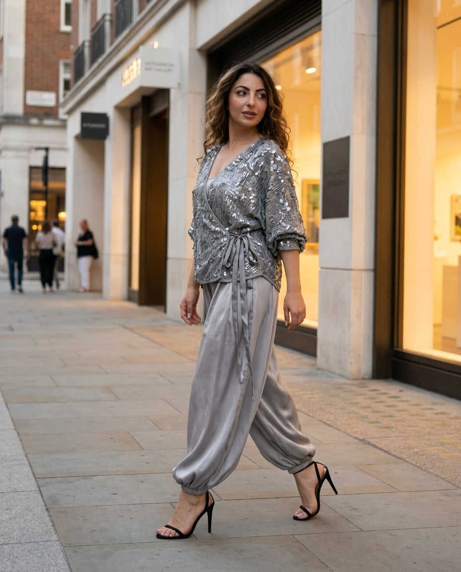 Grey Velvet Wedding Guest Satin Pant Set Grey Pant Set with Wide-Leg silhouette and Satin texture, fabric and construction detail for Wedding Guest, a fall city dinner, Fall current summer selling first with a light late-summer/pre-fall accent: make it we by floravincie
