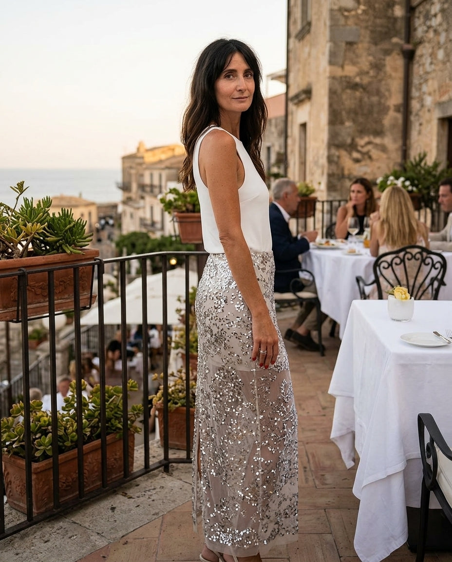 Ivory Muse Wedding Guest Sequin Skirt Set Ivory Skirt Set with Cropped silhouette and Textured texture, fabric and construction detail for Wedding Guest, a gallery evening, Fall current summer selling first with a light late-summer/pre-fall accent: make i by floravincie