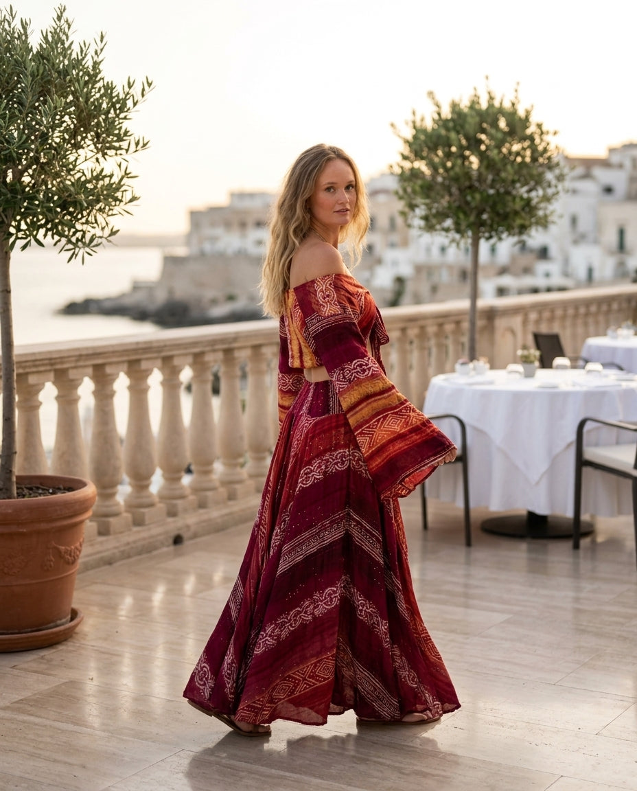 Red Reverie Wedding Guest Printed Skirt Set Red Skirt Set with Wide-Leg silhouette and Textured texture, fabric and construction detail for Wedding Guest, a gallery evening, Fall current summer selling first with a light late-summer/pre-fall accent: make by floravincie