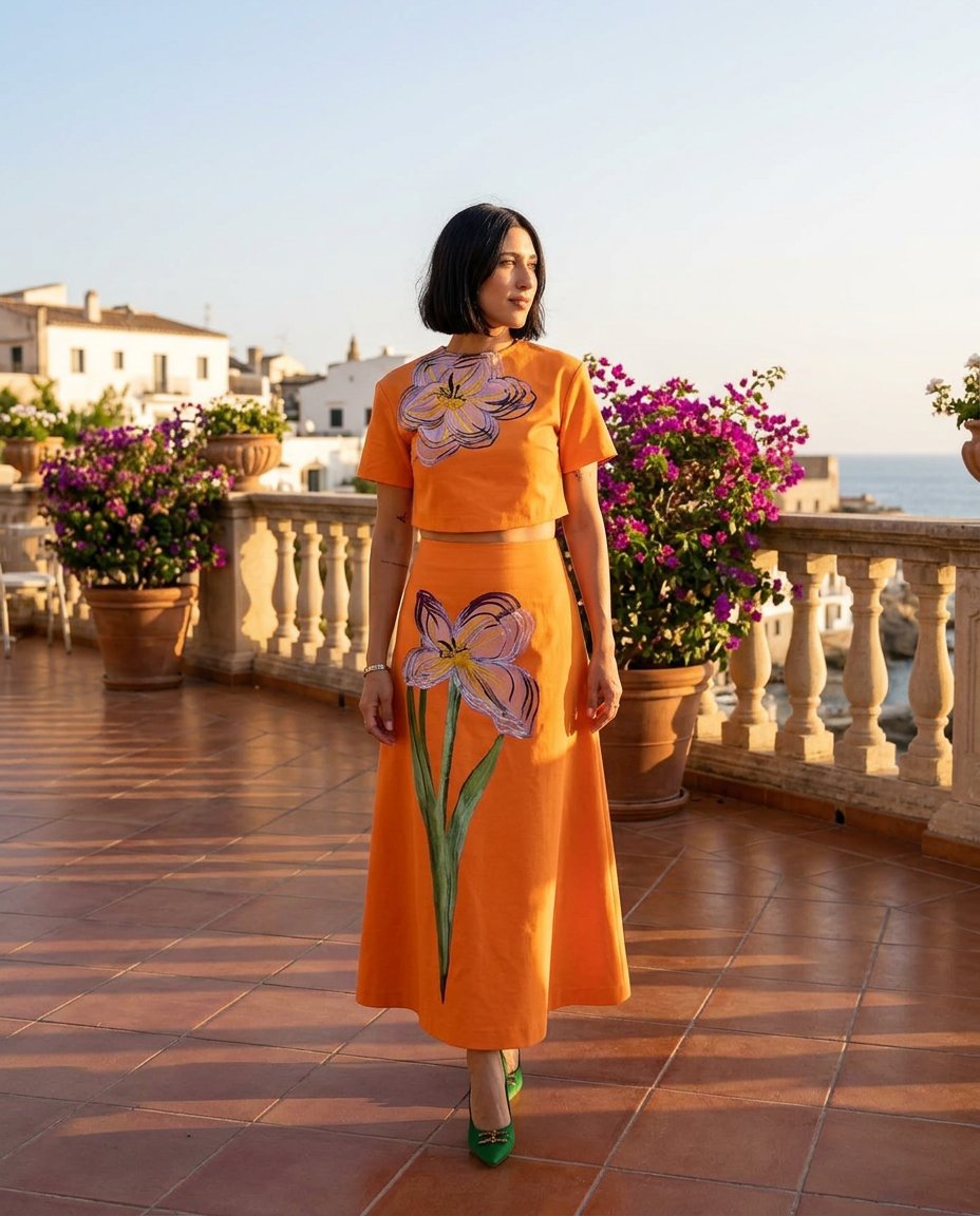 Orange Whisper Wedding Guest Floral Skirt Set Orange Skirt Set with Asymmetric silhouette and Textured texture, fabric and construction detail for Wedding Guest, a gallery evening, Fall current summer selling first with a light late-summer/pre-fall accent by floravincie
