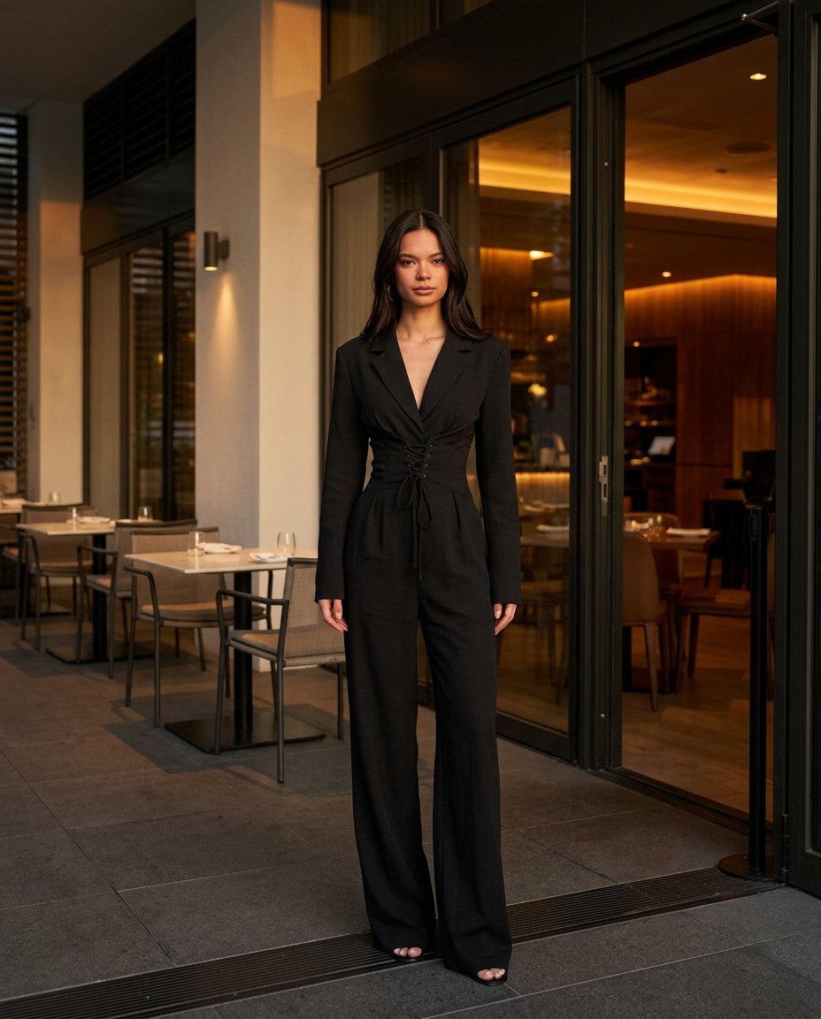 Black Bloom Wedding Guest Textured Jumpsuit Black Jumpsuit with Wide-Leg silhouette and Textured texture, fabric and construction detail for Wedding Guest, a cafe plan, Fall current summer selling first with a light late-summer/pre-fall accent: make it we by floravincie