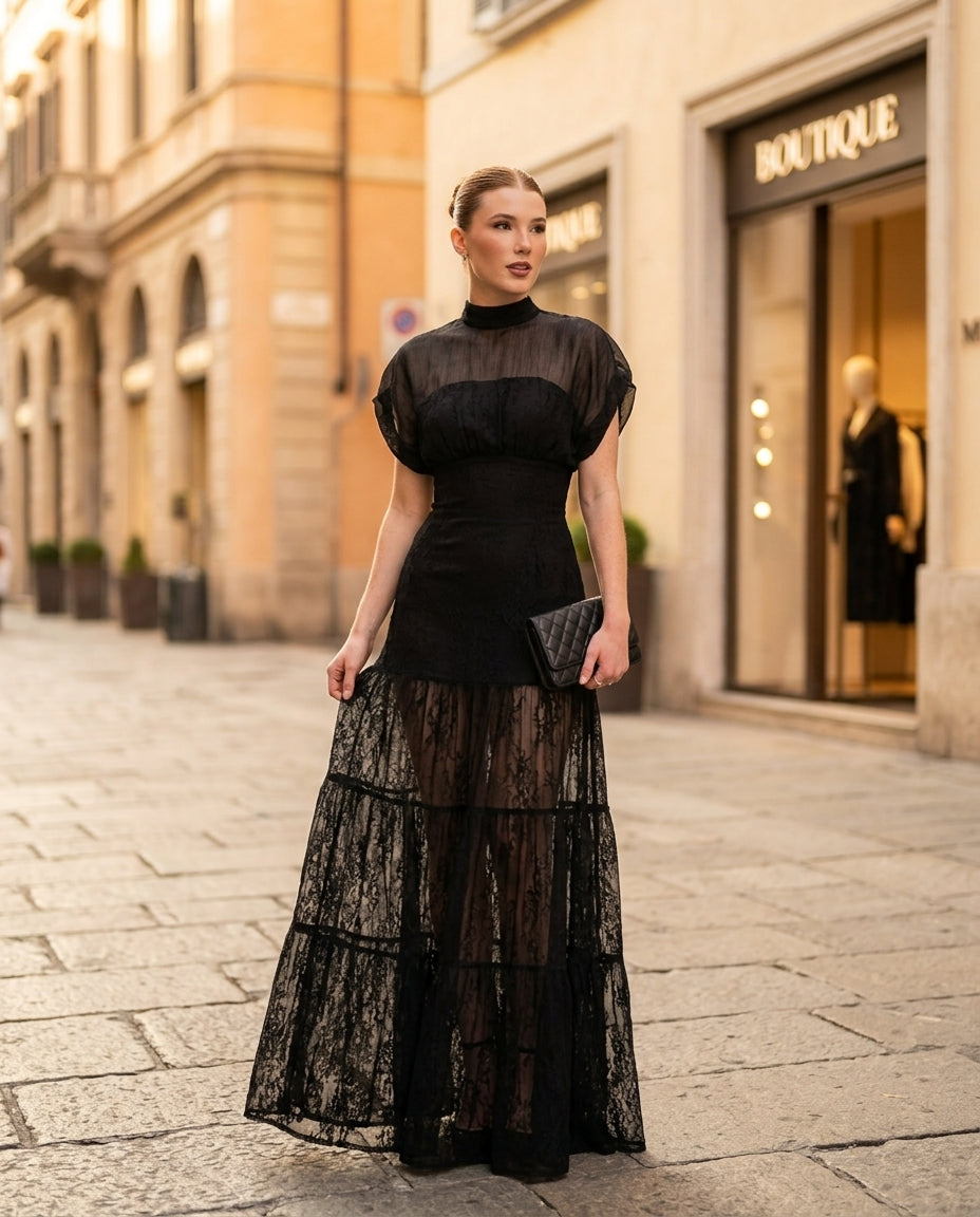Black Charm Evening Lace Maxi Dress Black Maxi Dress with Asymmetric silhouette and Textured texture, fabric and construction detail for Date Night, a Palm Springs weekend, US Coastal Glam
