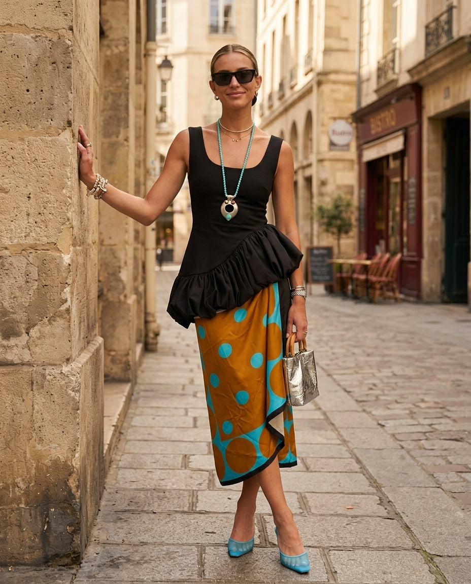 Black Allure Summer Polka Dot Skirt Set Black Skirt Set with Relaxed Fit silhouette and Textured texture, fabric and construction detail for Vacation Set, a gallery opening in Paris, Euro Chic Premium