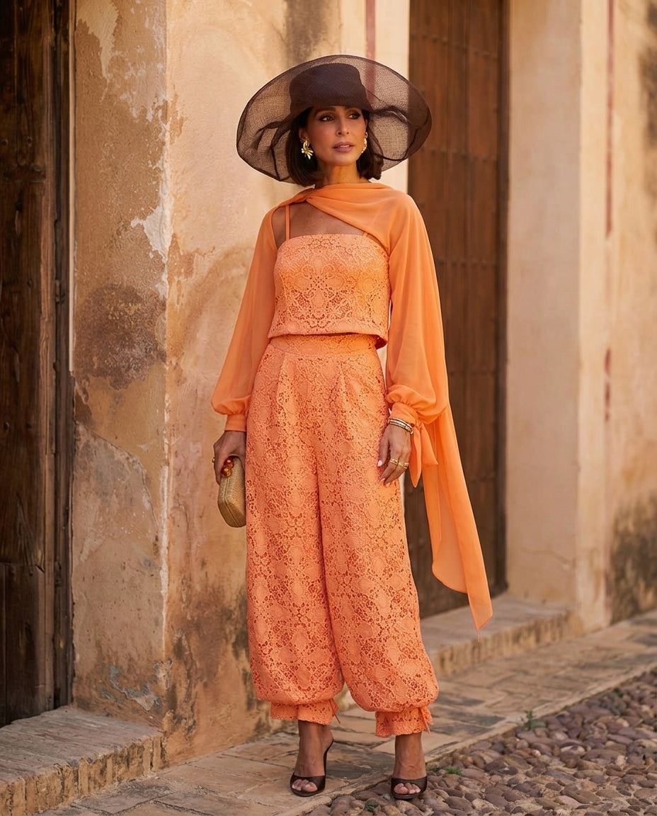 Orange Grace Summer Lace Jacket Orange Jacket with Wide-Leg silhouette and Textured texture, fabric and construction detail for Business Casual, Evening in Amalfi, Euro Chic Premium