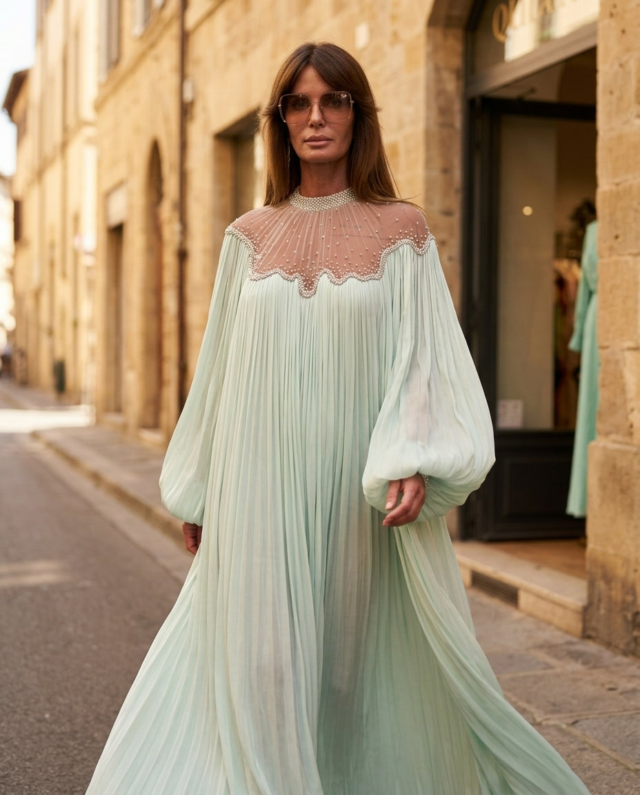 Mint Green Lustre Resort Pleated Romper Mint Green Romper with Relaxed Fit silhouette and Textured texture, fabric and construction detail for Resort Wear, an estate dinner at golden hour, US East / Hamptons Elite