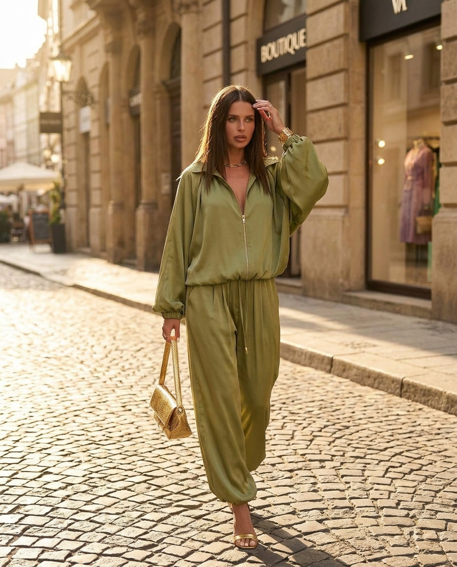 Olive Green Bloom Summer Satin Jumpsuit Olive Green Jumpsuit with Relaxed Fit silhouette and Satin texture, fabric and construction detail for City Evening, Weekend in The Hamptons, US East / Hamptons Elite