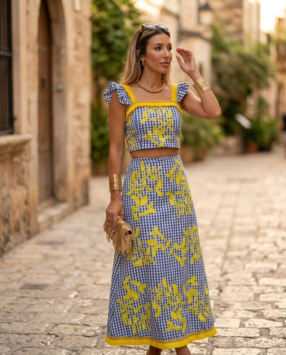 Blue Velvet Resort Embroidered Skirt Set Blue Skirt Set with Asymmetric silhouette and Textured texture, fabric and construction detail for Resort Wear, Sunset in Malibu, US Coastal Glam by floravincie
