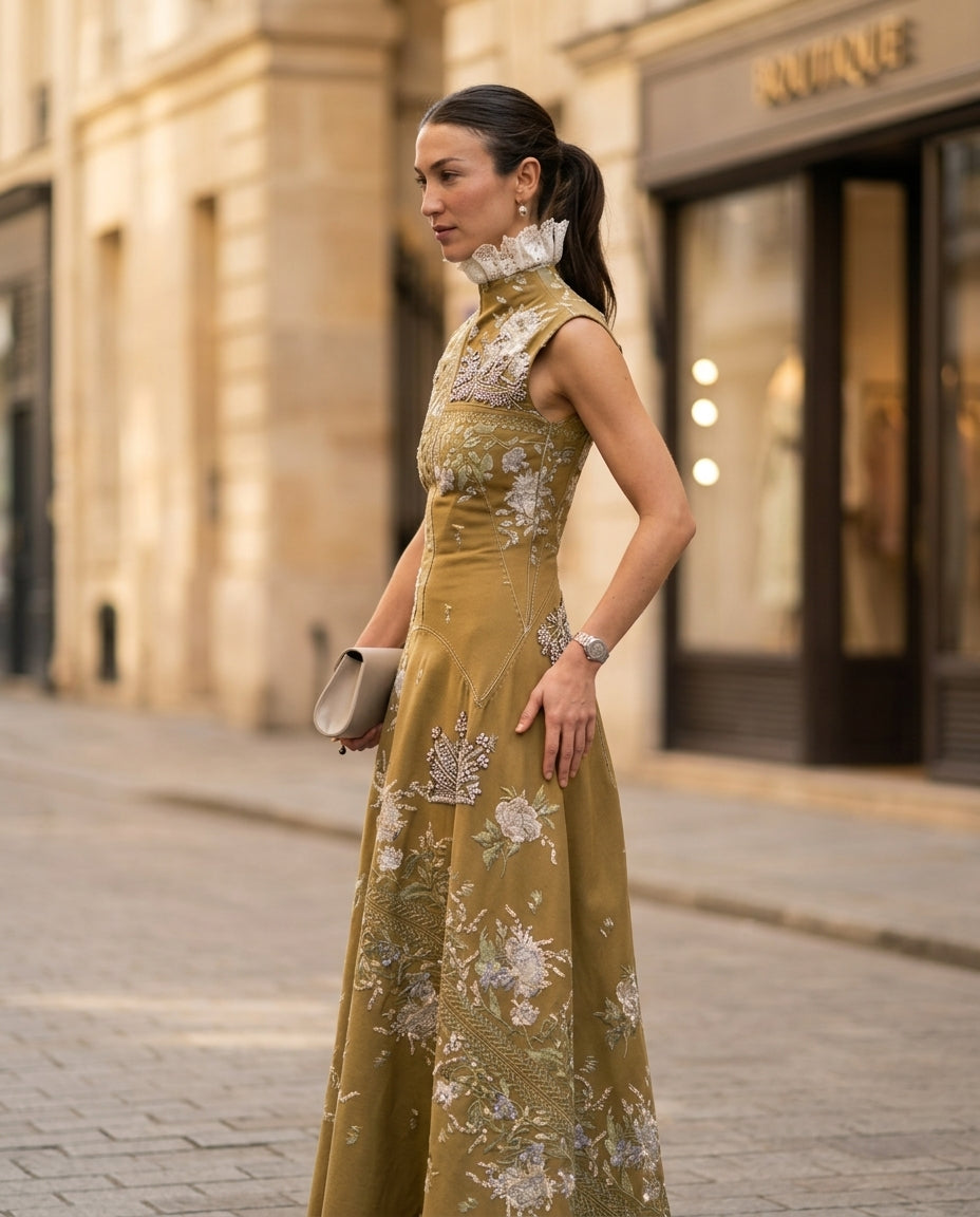 Mustard Yellow Grace Summer Embroidered Maxi Dress Mustard Yellow Maxi Dress with Relaxed Fit silhouette and Textured texture, fabric and construction detail for Wedding Guest, an estate dinner at golden hour, US East / Hamptons Elite by floravincie