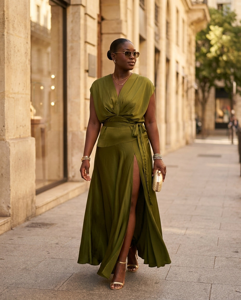 Olive Green Grace Summer Satin Maxi Dress Olive Green Maxi Dress with Asymmetric silhouette and Satin texture, fabric and construction detail for Resort Dinner, Brunch in SoHo, US Coastal Glam by floravincie