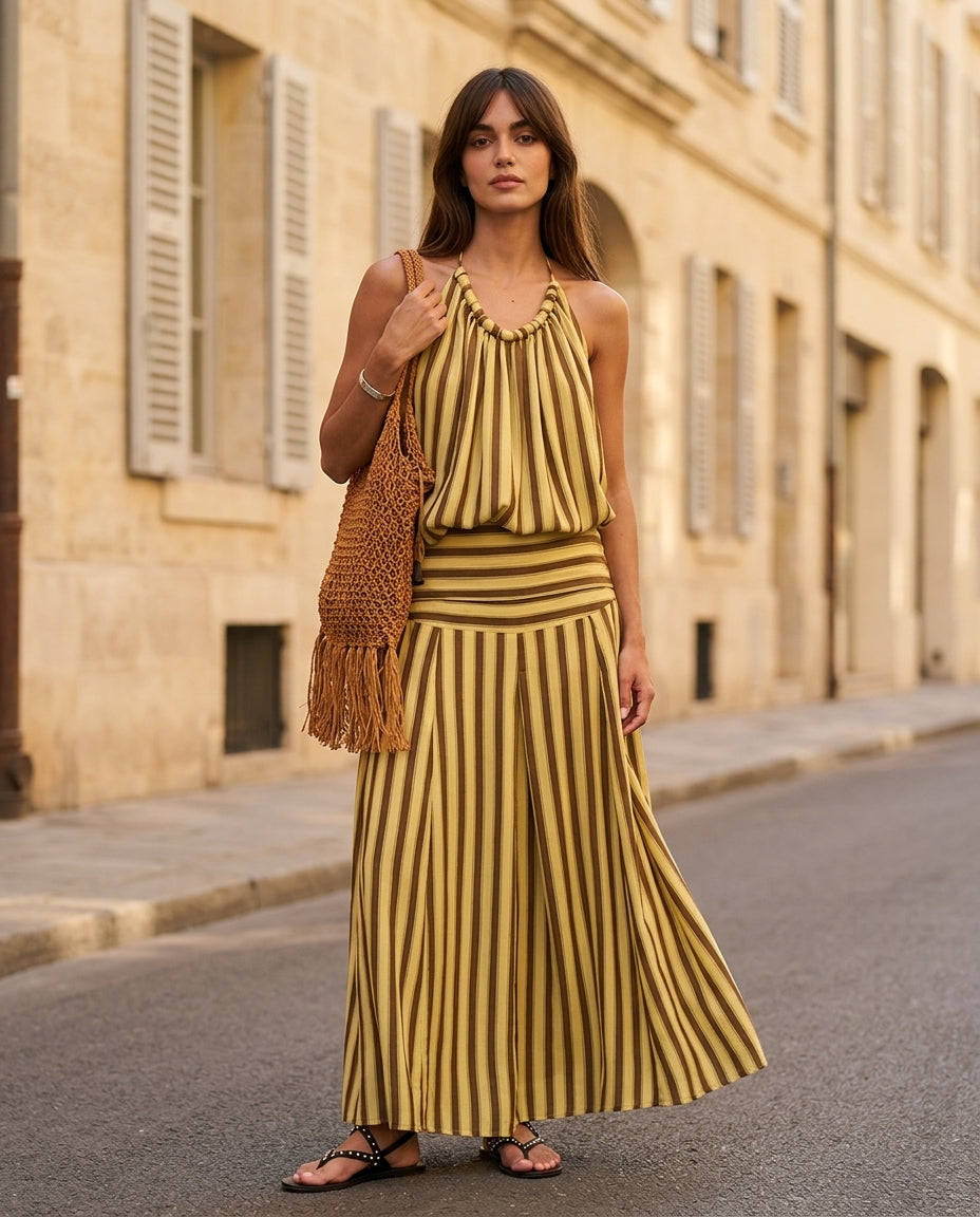 Butter Yellow Charm Resort Striped Romper Butter Yellow Romper with Relaxed Fit silhouette and Textured texture, fabric and construction detail for Resort Wear, an estate dinner at golden hour, US East / Hamptons Elite by floravincie