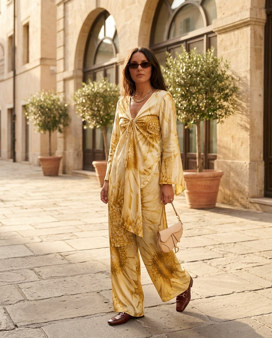 Light Yellow Charm Resort Floral Pant Set Light Yellow Pant Set with Wide-Leg silhouette and Satin texture, fabric and construction detail for Resort Wear, Evening in Amalfi, Euro Chic Premium by floravincie