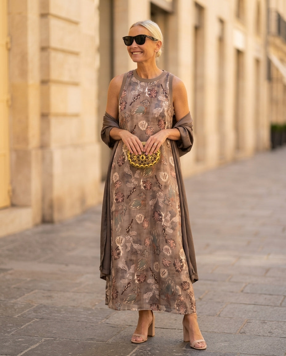 Brown Whisper Summer Embroidered Maxi Dress Brown Maxi Dress with Asymmetric silhouette and Textured texture, fabric and construction detail for Resort Dinner, Weekend in The Hamptons, US East / Hamptons Elite by floravincie