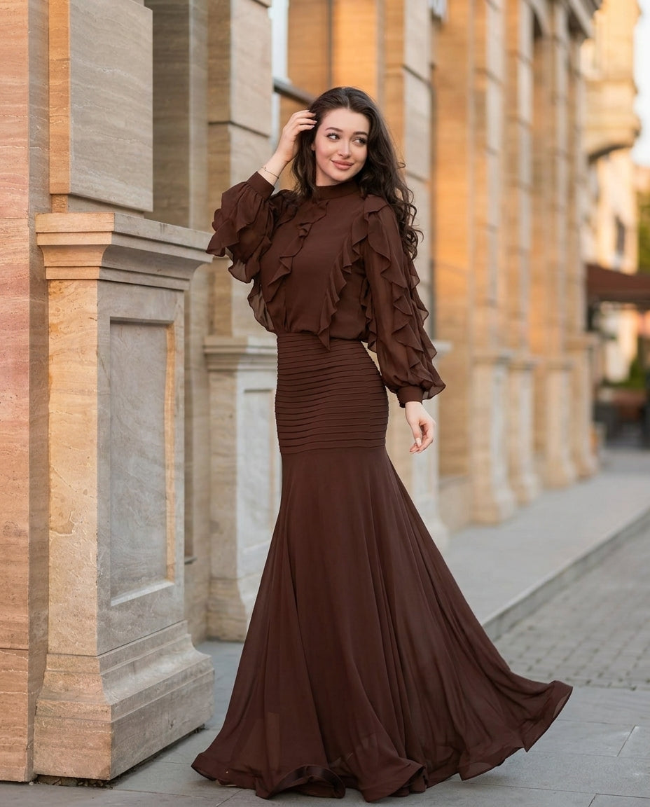 Brown Whisper Evening Ruched Maxi Dress Brown Maxi Dress with Asymmetric silhouette and Textured texture, fabric and construction detail for Date Night, a London dinner reservation, Euro Chic Premium by floravincie
