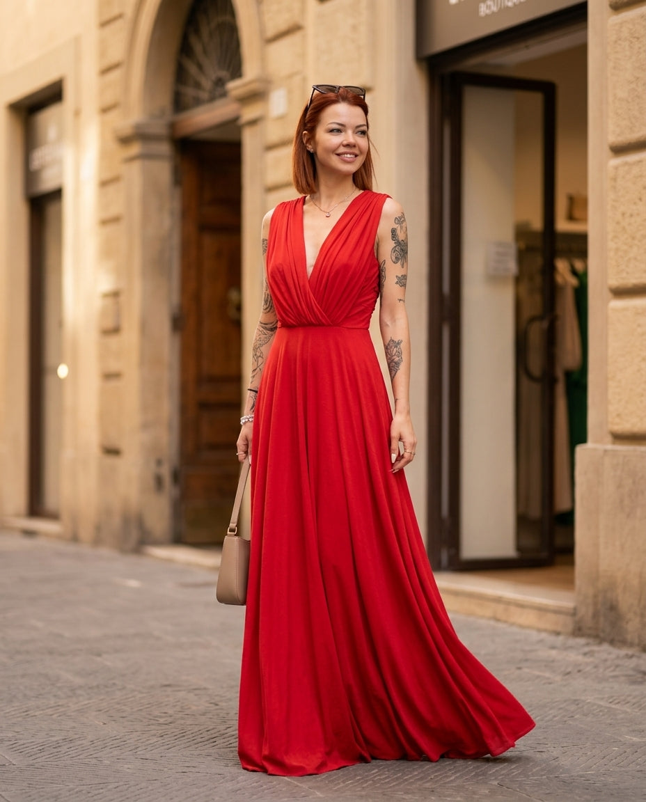 Red Aura Evening Ruched Maxi Dress Red Maxi Dress with Relaxed Fit silhouette and Ribbed Knit texture, fabric and construction detail for Date Night, a polished coastal brunch, US East / Hamptons Elite by floravincie