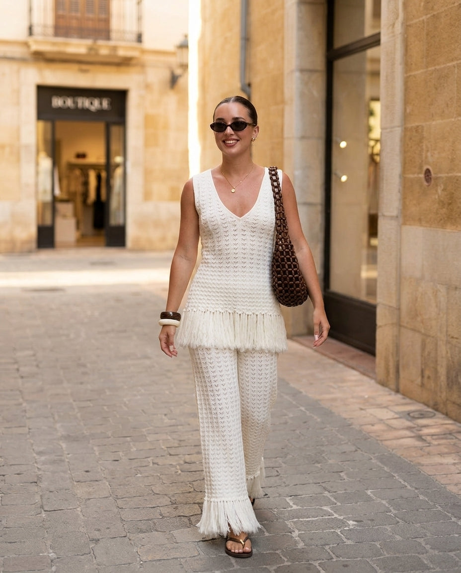 Ivory Bloom Resort Printed Romper Ivory Romper with Wide-Leg silhouette and Ribbed Knit texture, fabric and construction detail for Resort Wear, Coffee in Marais, Euro Chic Premium by floravincie