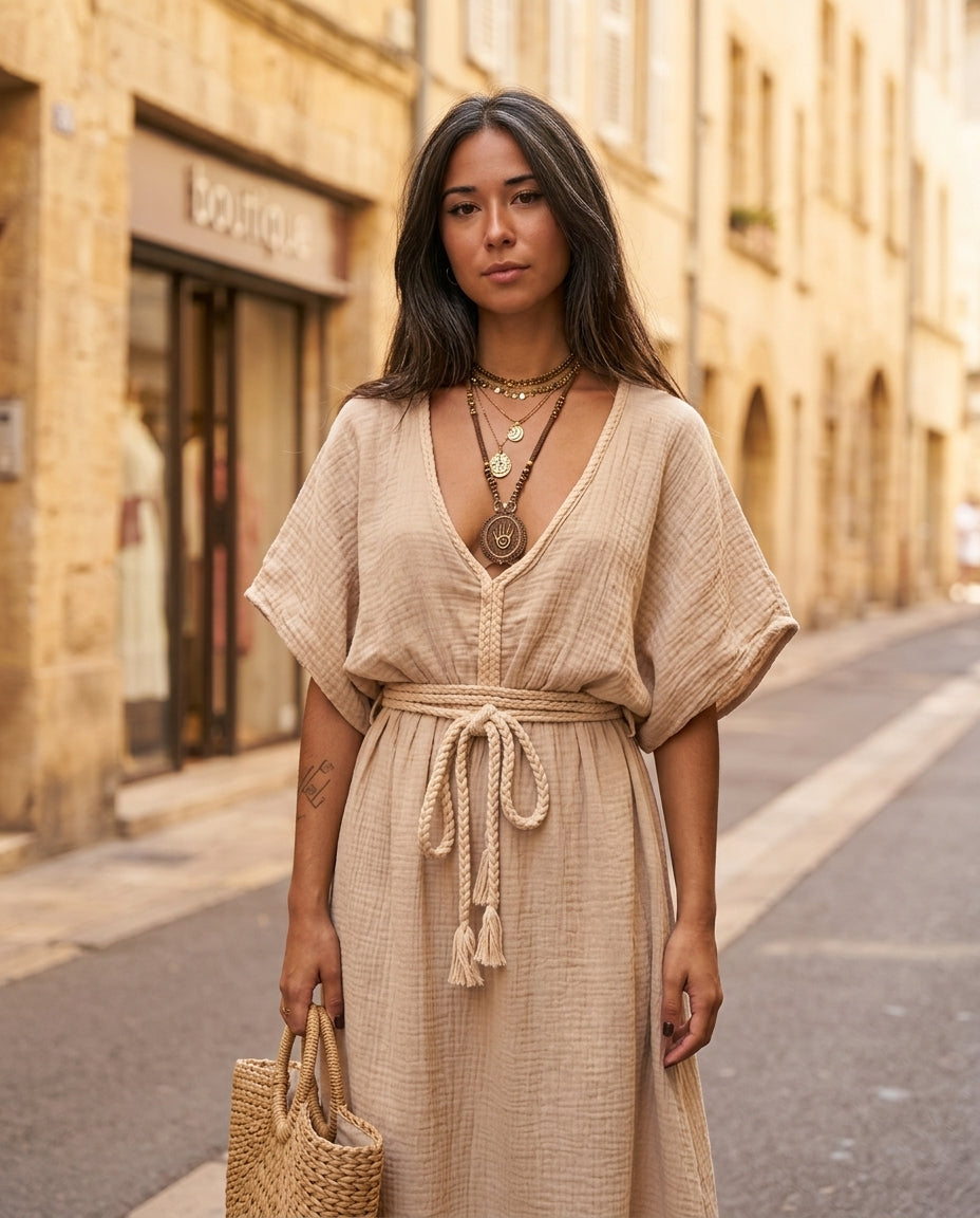 Brown Bloom Summer Fringe Maxi Dress Brown Maxi Dress with Asymmetric silhouette and Textured texture, fabric and construction detail for Resort Dinner, a polished coastal brunch, US East / Hamptons Elite by floravincie