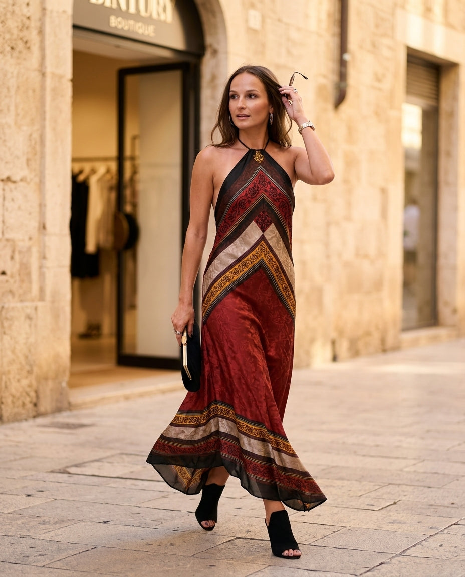 Rust Glow Resort Printed Maxi Dress Rust Maxi Dress with Relaxed Fit silhouette and Satin texture, fabric and construction detail for Resort Wear, Evening in Amalfi, Euro Chic Premium by floravincie