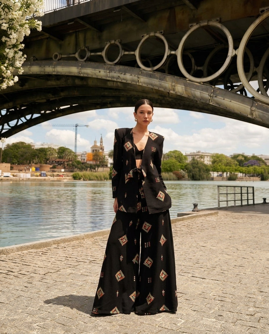 Black Bloom Summer Embroidered Jacket Black Jacket with Wide-Leg silhouette and Textured texture, fabric and construction detail for Office Edit, Weekend in The Hamptons, US East / Hamptons Elite by floravincie