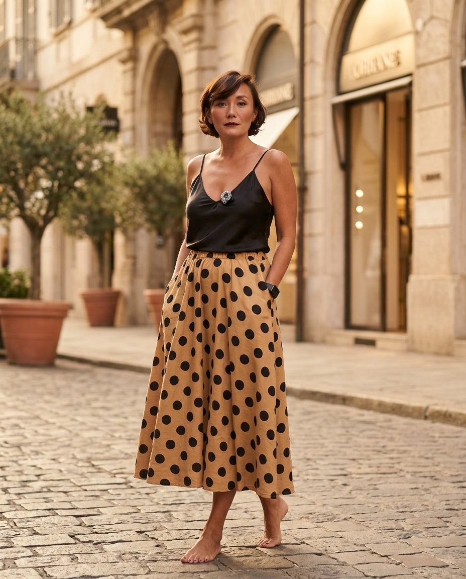 Sand Charm Summer Polka Dot Maxi Skirt Sand Maxi Skirt with Asymmetric silhouette and Textured texture, fabric and construction detail for Summer Edit, a London dinner reservation, Euro Chic Premium by floravincie