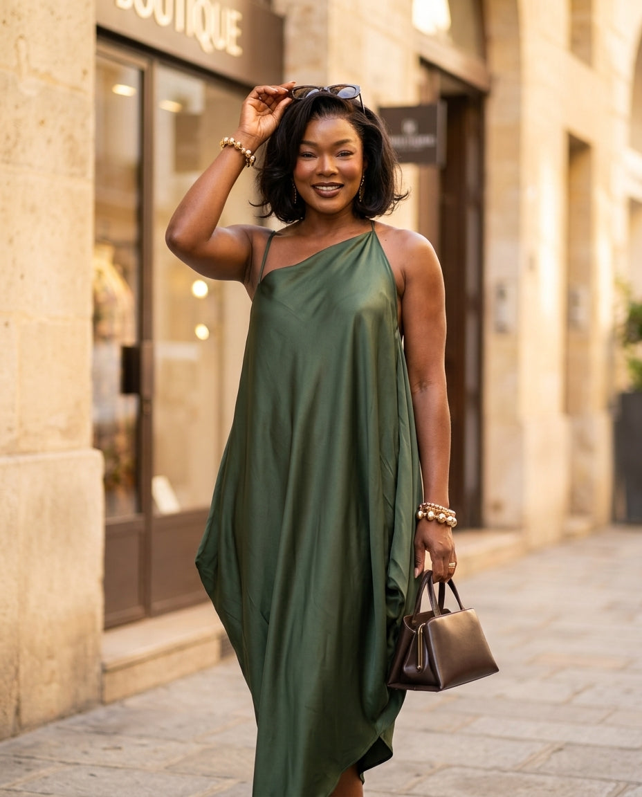 Dark Green Velvet Resort Satin Maxi Dress Dark Green Maxi Dress with Asymmetric silhouette and Satin texture, fabric and construction detail for Resort Wear, a gallery opening in Paris, Euro Chic Premium by floravincie