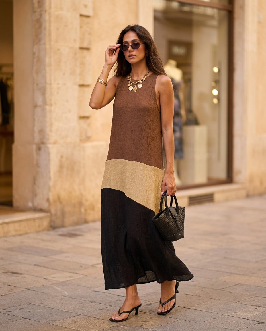 Brown Charm Resort Textured Maxi Dress Brown Maxi Dress with Asymmetric silhouette and Textured texture, fabric and construction detail for Resort Wear, an estate dinner at golden hour, US East / Hamptons Elite by floravincie