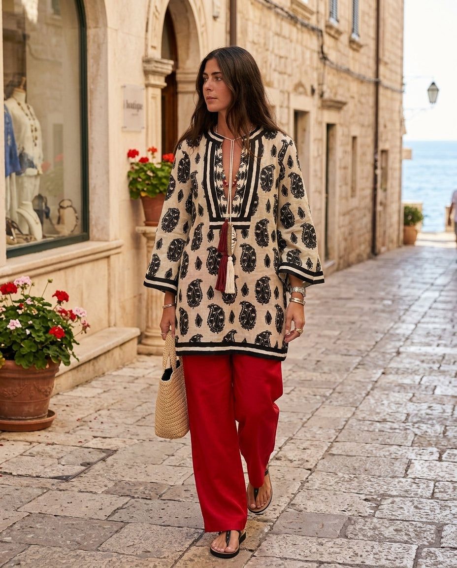 Sand Whisper Resort Paisley Maxi Dress Sand Maxi Dress with Asymmetric silhouette and Linen Blend texture, fabric and construction detail for Resort Wear, a gallery opening in Paris, Euro Chic Premium by floravincie