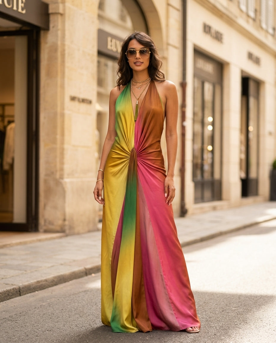Pink Velvet Summer Halter Maxi Dress Pink Maxi Dress with Relaxed Fit silhouette and Textured texture, fabric and construction detail for Resort Dinner, Sunset in Malibu, US Coastal Glam by floravincie