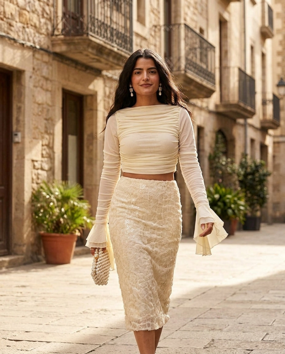 Ivory Lustre Evening Ruched Two-Piece Set Ivory Two-Piece Set with Asymmetric silhouette and Textured texture, fabric and construction detail for Date Night, a rooftop dinner in LA, US Coastal Glam by floravincie