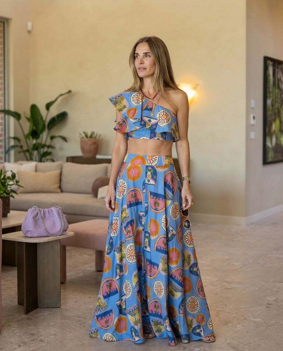 Blue Grace Summer Printed Two-Piece Set Blue Two-Piece Set with Asymmetric silhouette and Textured texture, fabric and construction detail for Weekend Escape, a rooftop dinner in LA, US Coastal Glam by floravincie
