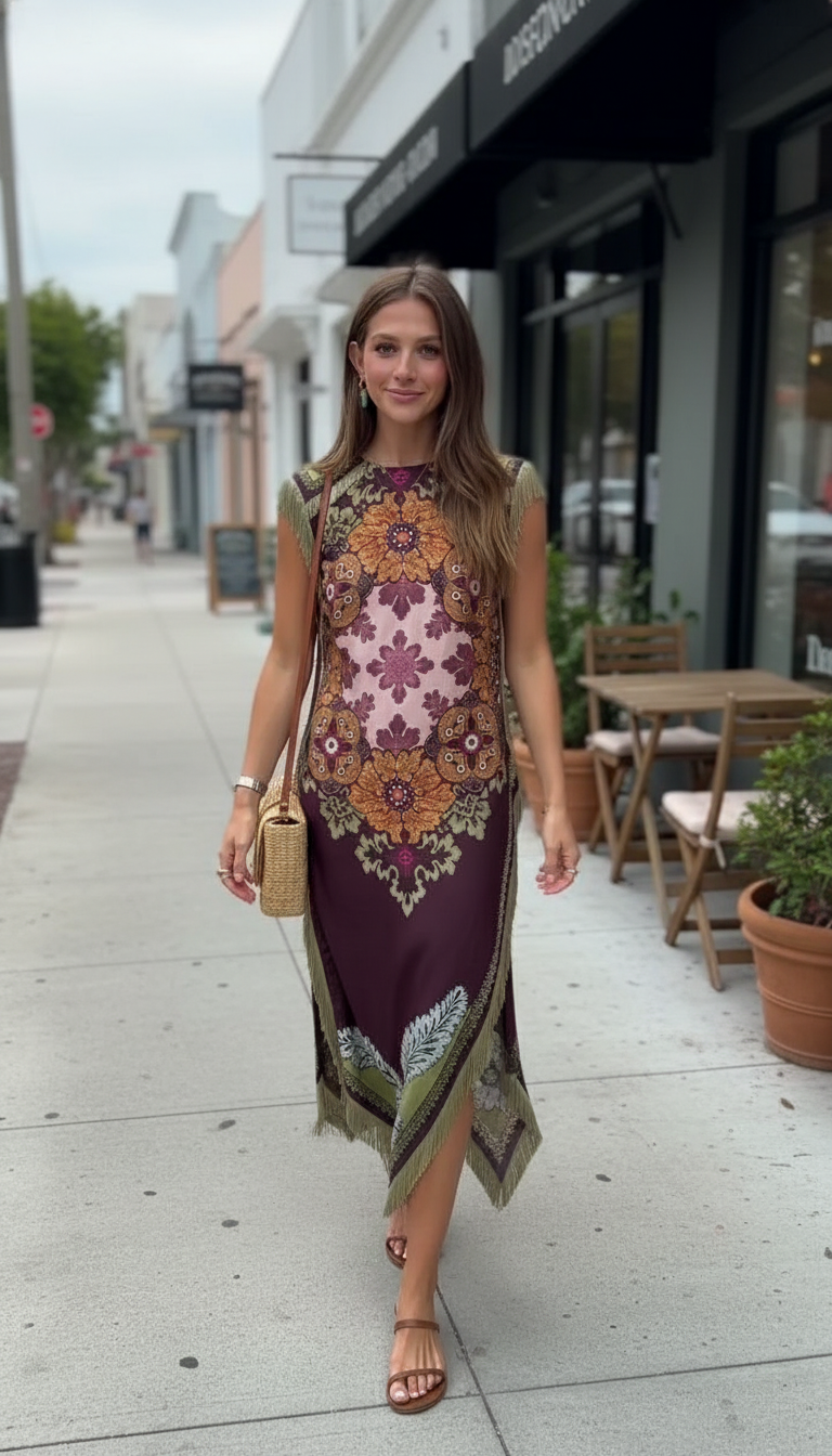 Burgundy Floral Embroidered Fringe Kaftan Dress product image 7