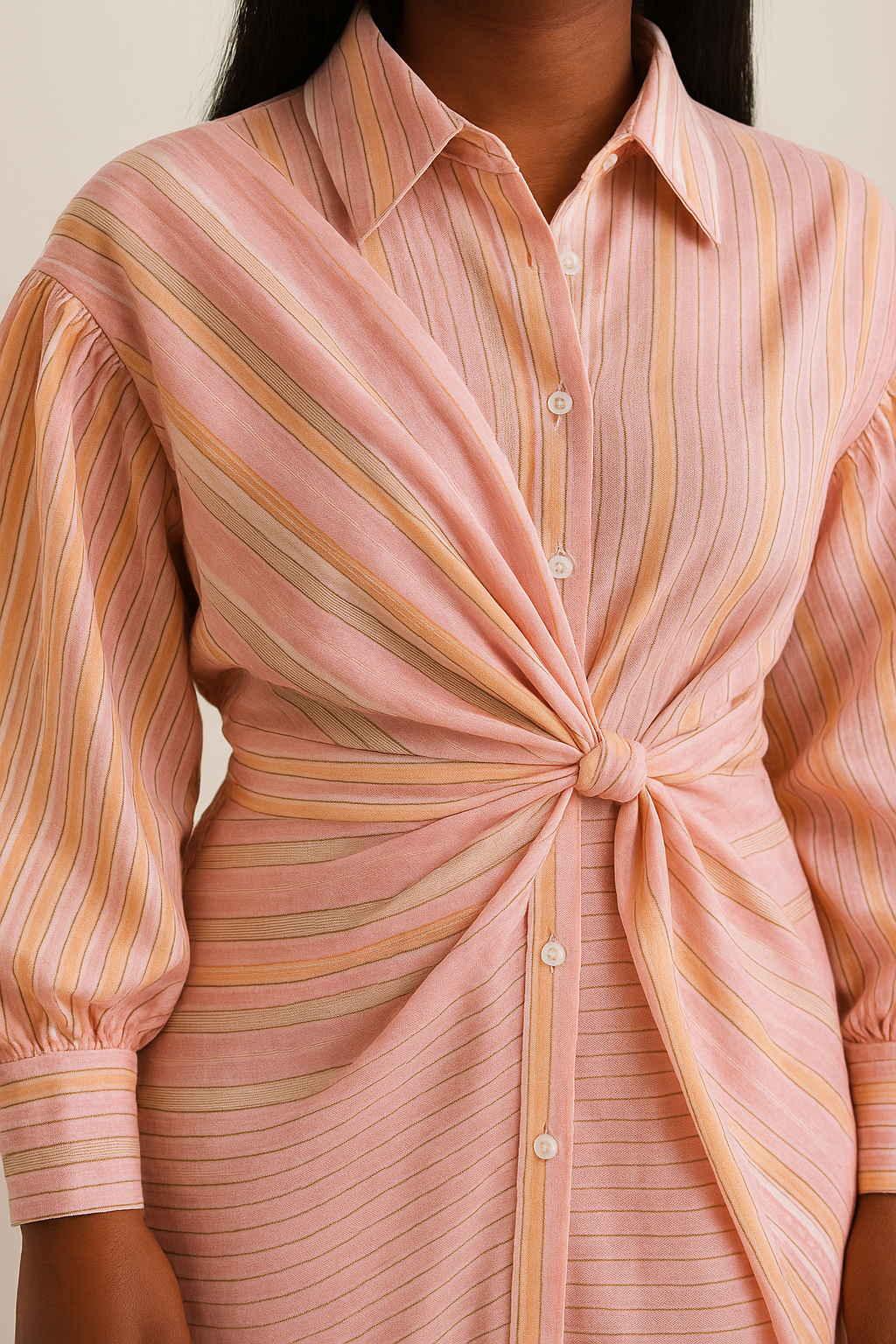 Pink Striped Waist Tie Button Front Midi Dress product image 7