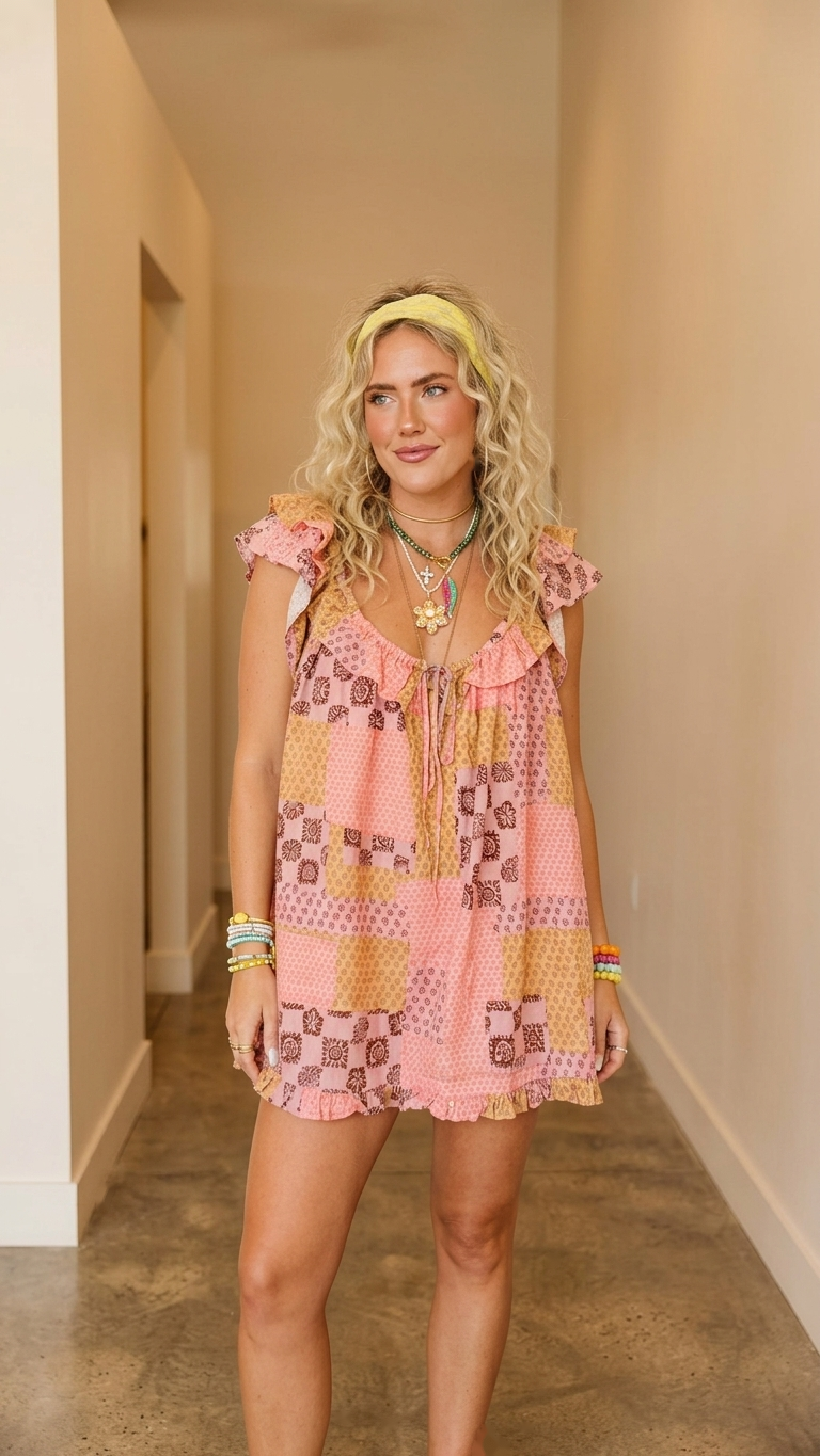 Pink Patchwork Print Ruffle Drawstring Dress product image 7