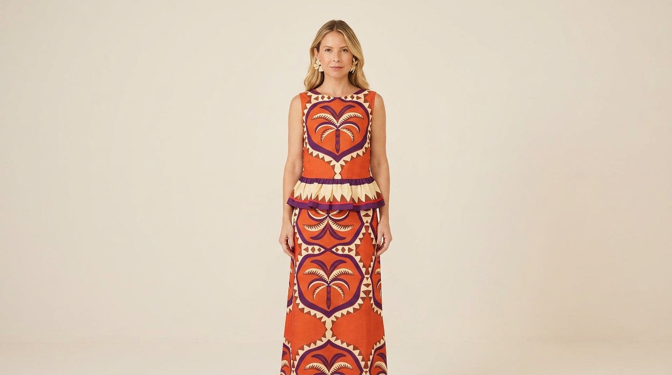 Orange Geometric Print Peplum Hem Printed Pattern Maxi Dress product image 7