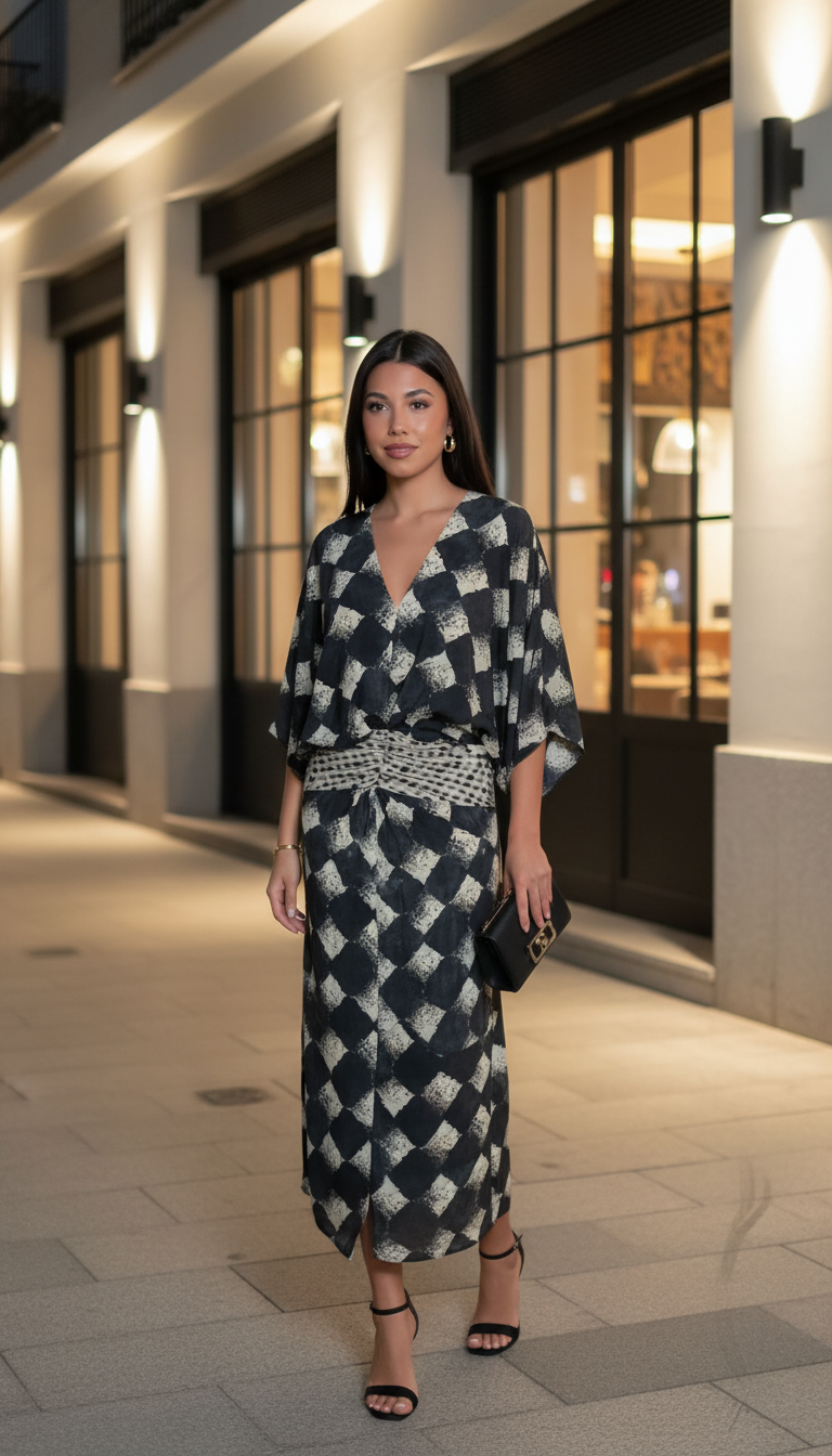 Black Geometric Print V-Neck Belted Kaftan Dress product image 7