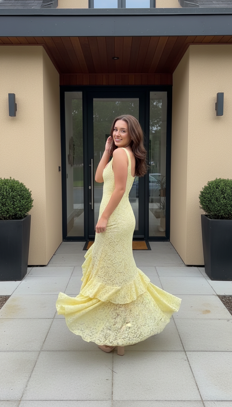 Yellow Ruffle Lace High Slit Maxi Dress product image 7