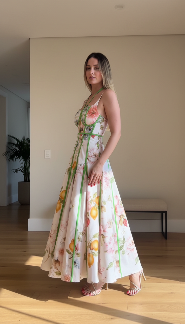 White Floral Contrast Piping Floral Print Maxi Dress product image 7