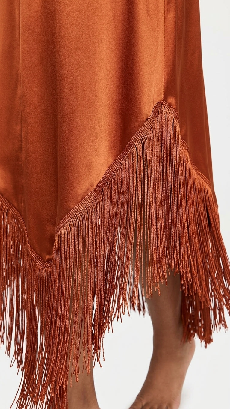 Rust Muse Wedding Guest Satin Maxi Dress Rust Maxi Dress with Relaxed Fit silhouette and Satin texture, additional styling view for Wedding Guest, a fall city dinner, Fall late-summer to pre-fall transition: sell it as wearable now and still useful for Au by floravincie