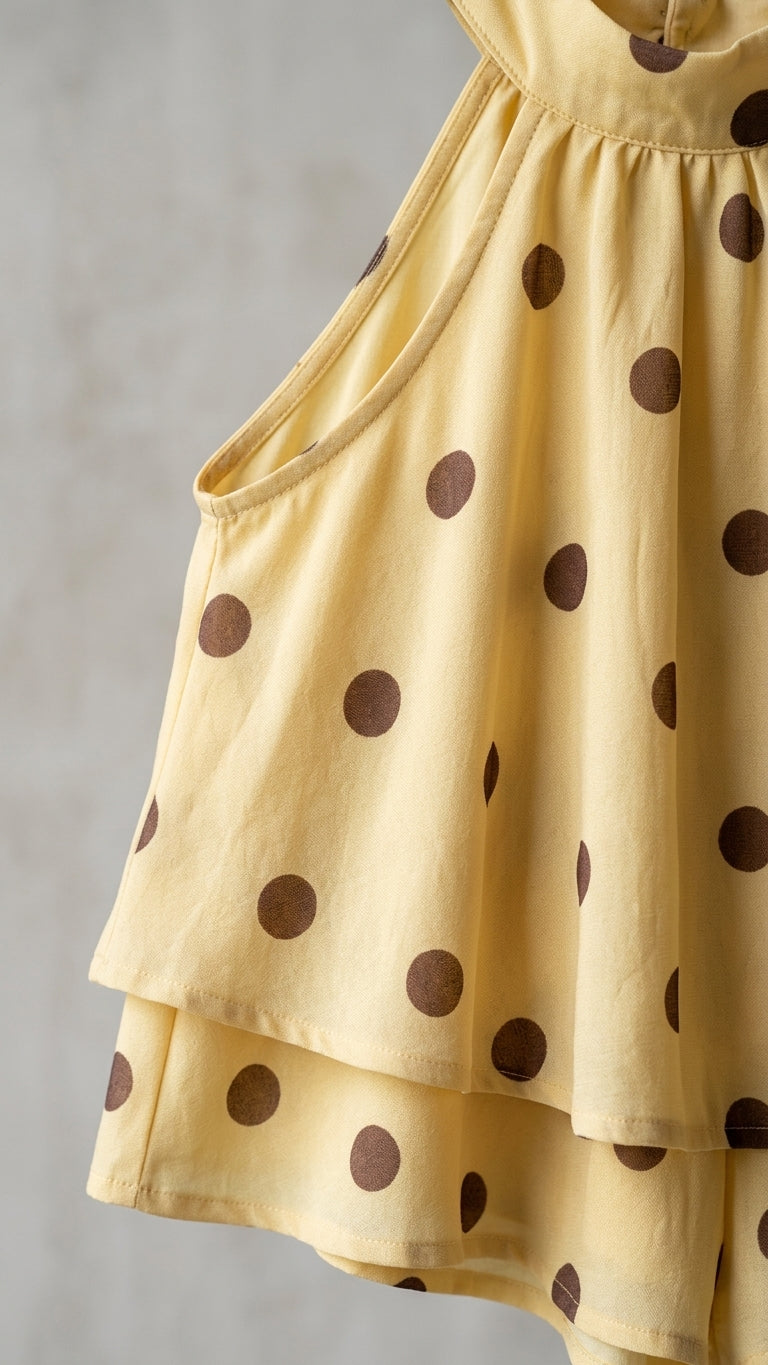 Light Yellow Gleam Evening Printed Romper Light Yellow Romper with Cropped silhouette and Textured texture, additional styling view for City Dinner, a cafe plan, Fall city dinners, cafe plans, gallery evenings, and polished weekend styling, US Coastal Gla by floravincie