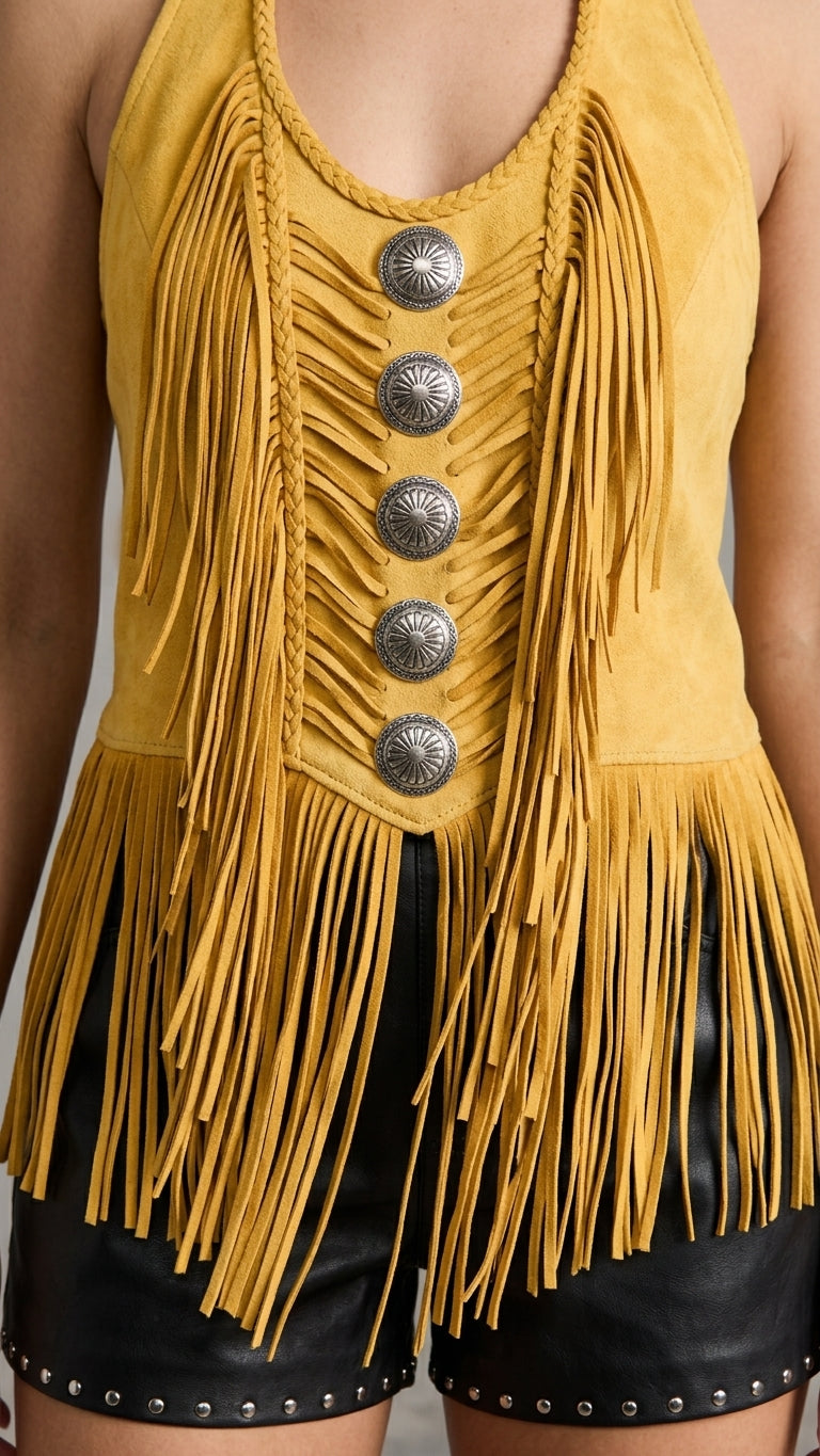 Butter Yellow Solace Evening Fringe Jacket Butter Yellow Jacket with Cropped silhouette and Suede texture, additional styling view for Weekend Styling, a gallery evening, Fall city dinners, cafe plans, gallery evenings, and polished weekend styling, Euro by floravincie